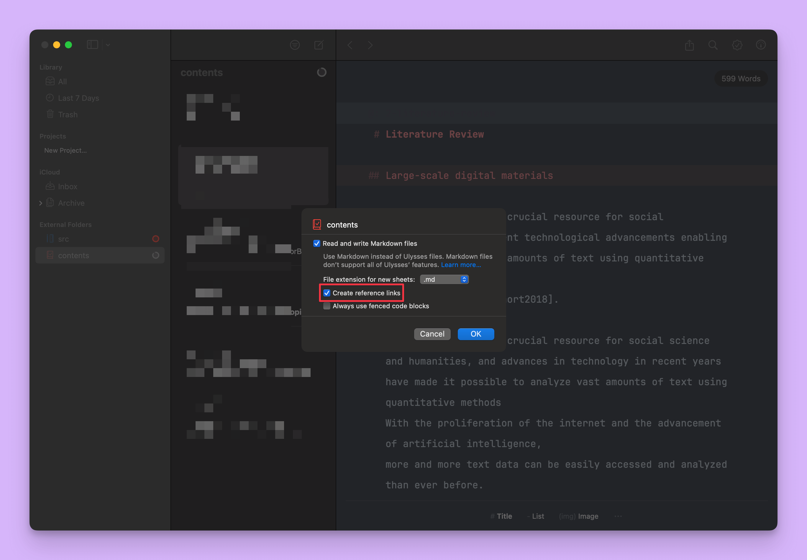 在 Ulysses 中读取外部 Markdown 文件夹中的多个文件，并开启「创建引用式链接」选项